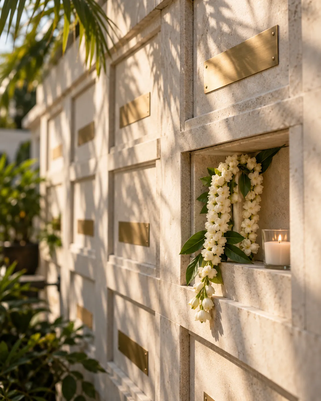 Limestone columbarium niche with a sampaguita garland and a candle in leaf shadow