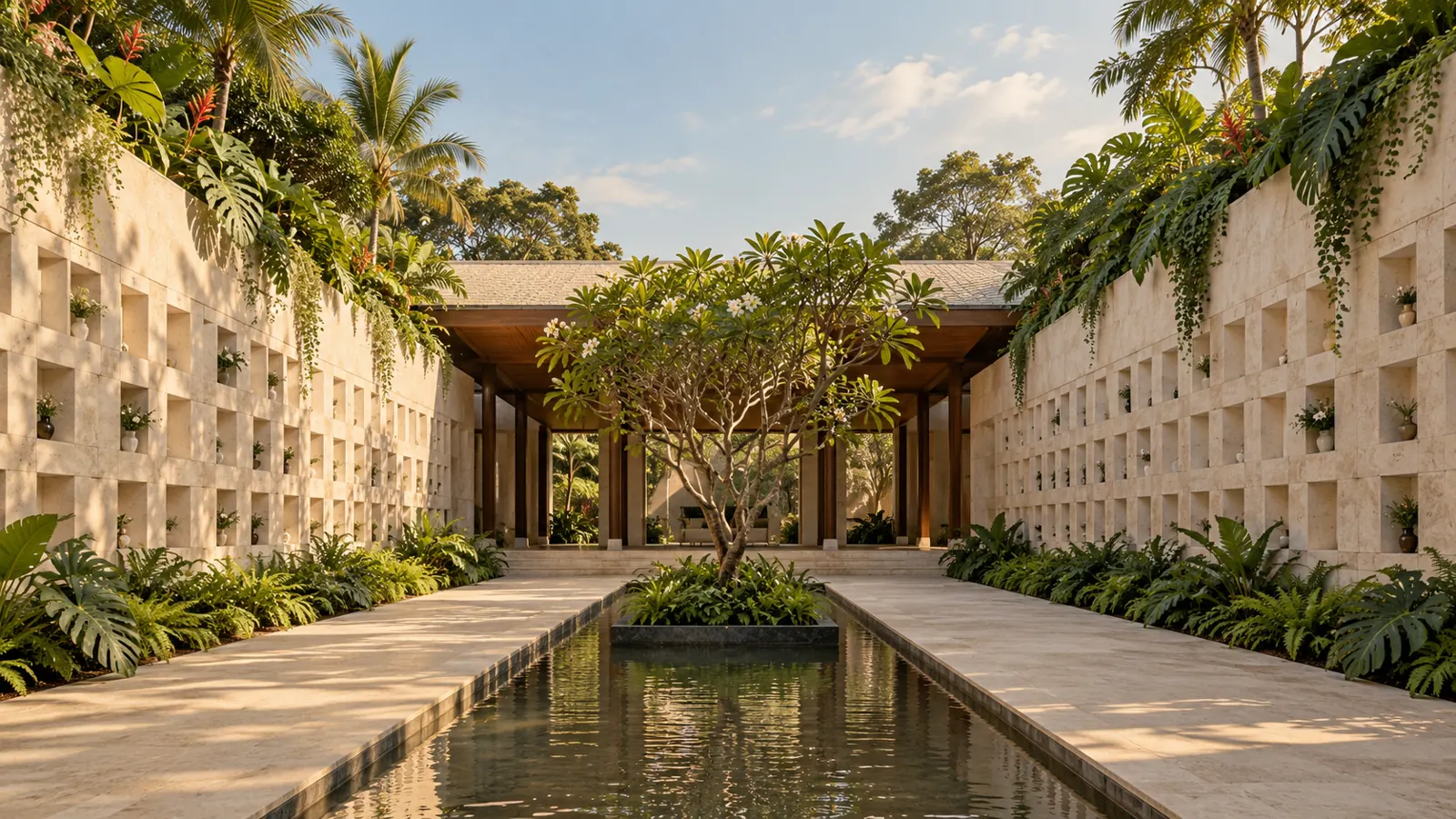 Open-air columbarium courtyard with limestone niche walls and a frangipani tree